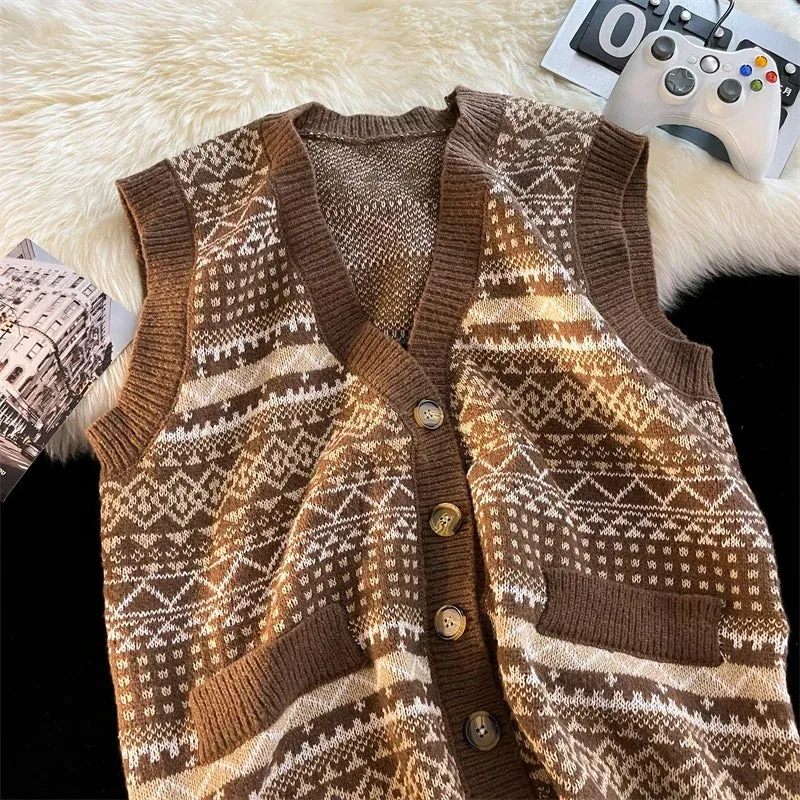 Aidase Autumn Winter V-neck Thicken Printed Knitted Vest Men's Loose Casual High Street Sleeveless Sweaters Vests Men Tops Male Clothes