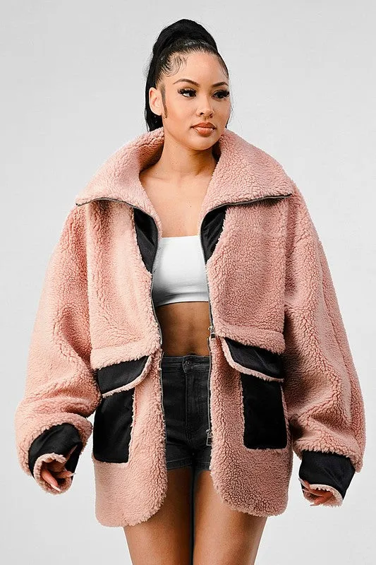 Athina Blush Oversized Sherpa with Contrast Jacket