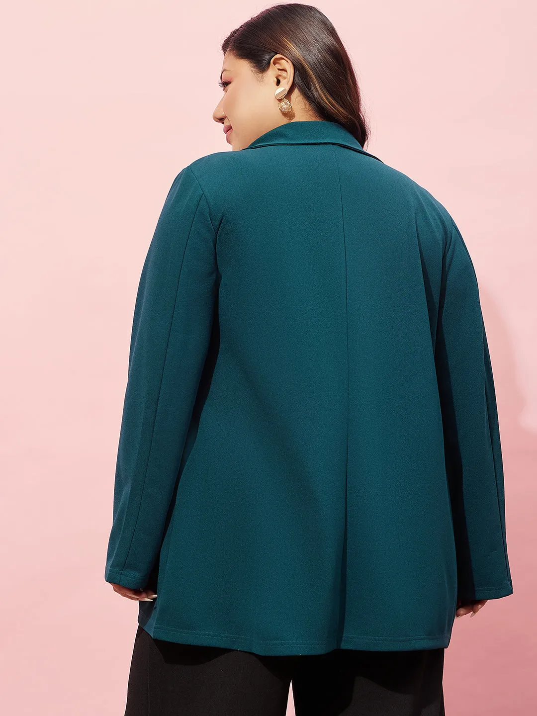 Berrylush Women Plus Size Solid Green Notched Lapel Neck Long Sleeve Open Front Longline Blazer