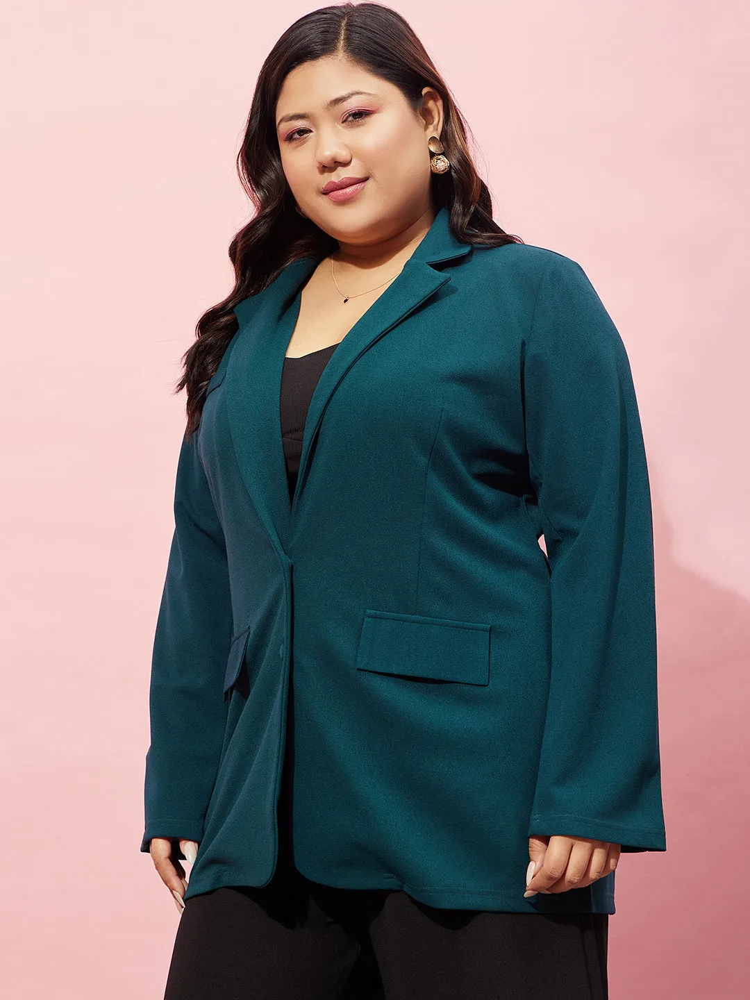 Berrylush Women Plus Size Solid Green Notched Lapel Neck Long Sleeve Open Front Longline Blazer