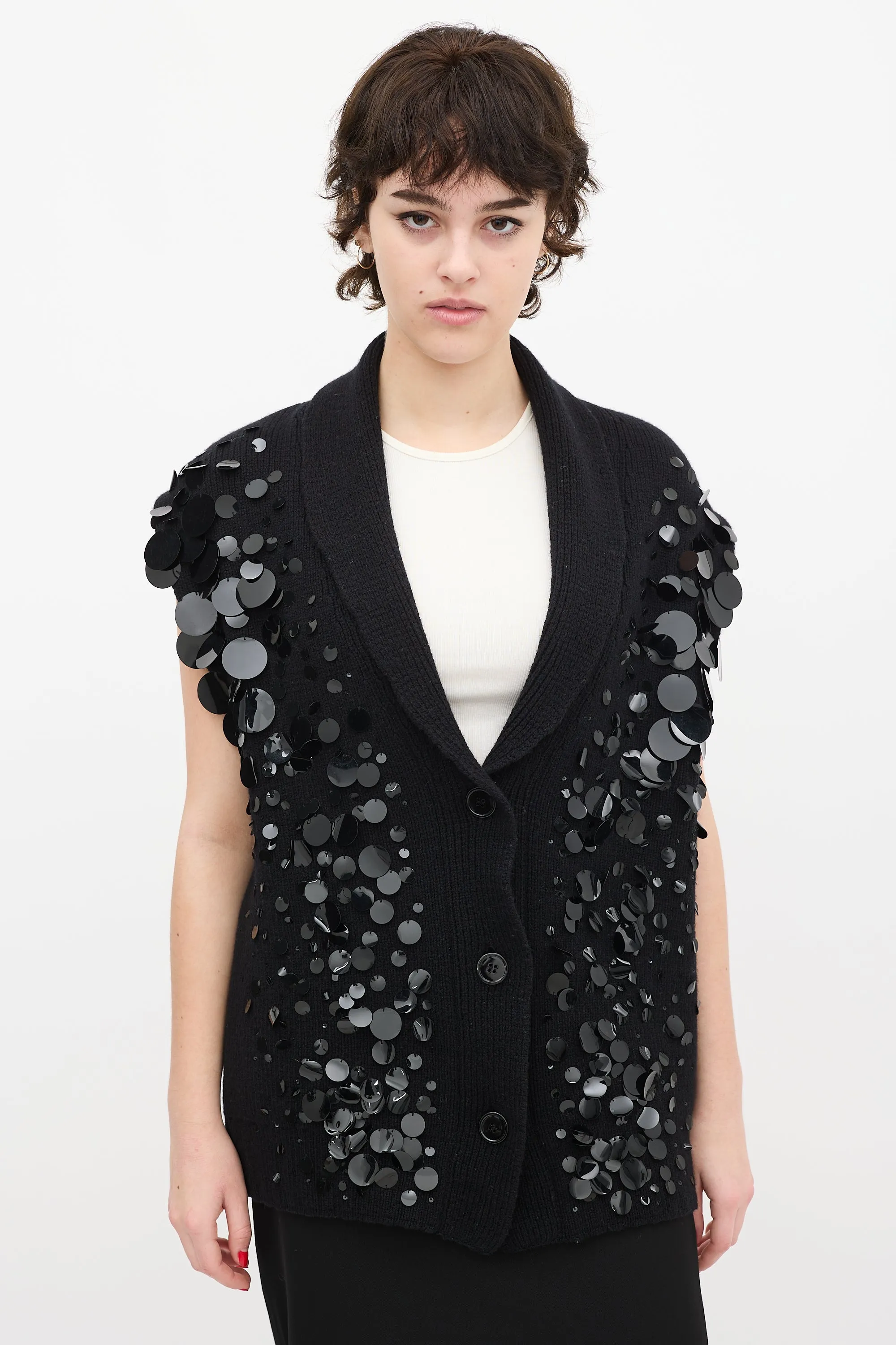 Black Knit Sequin Buttoned Vest