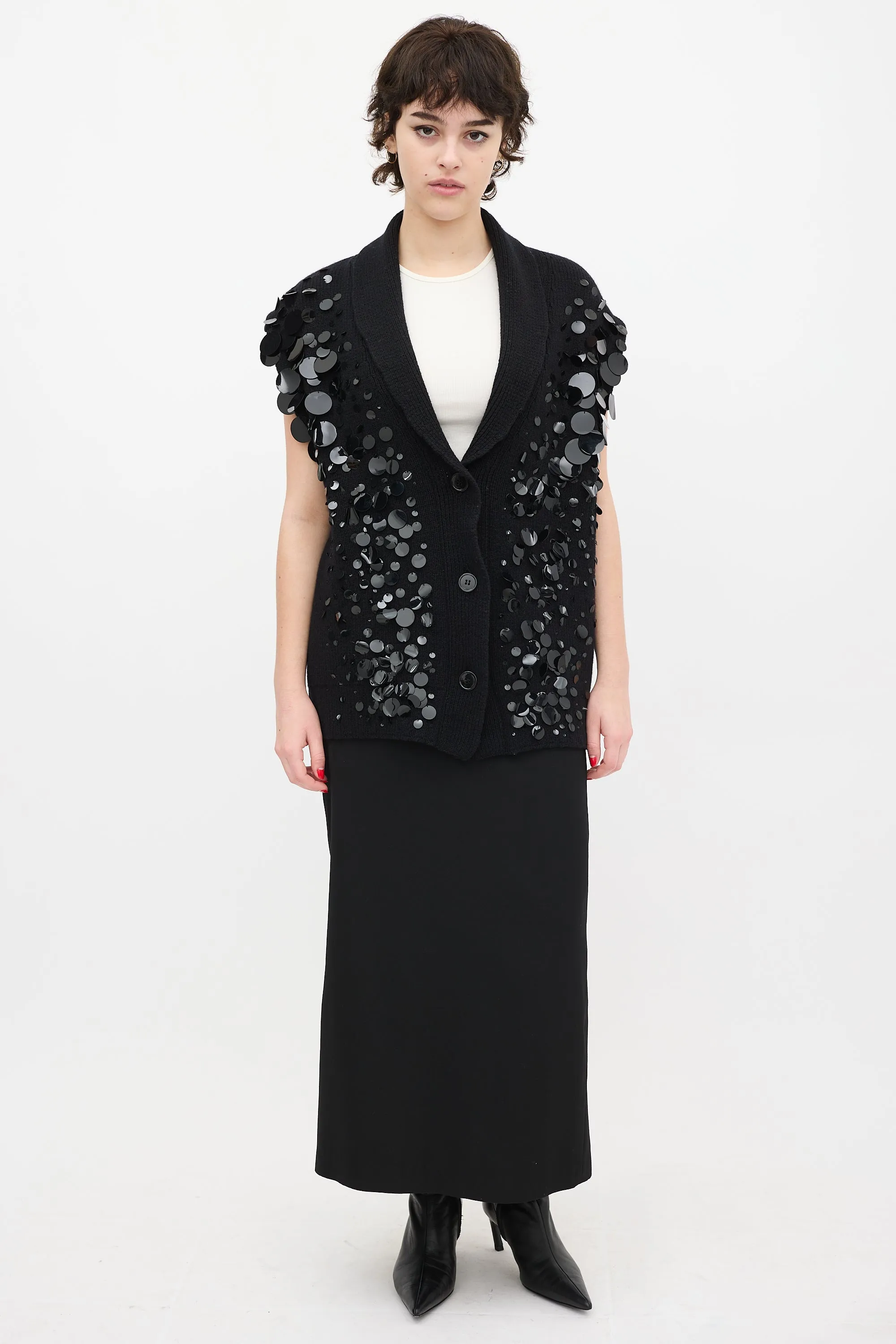 Black Knit Sequin Buttoned Vest