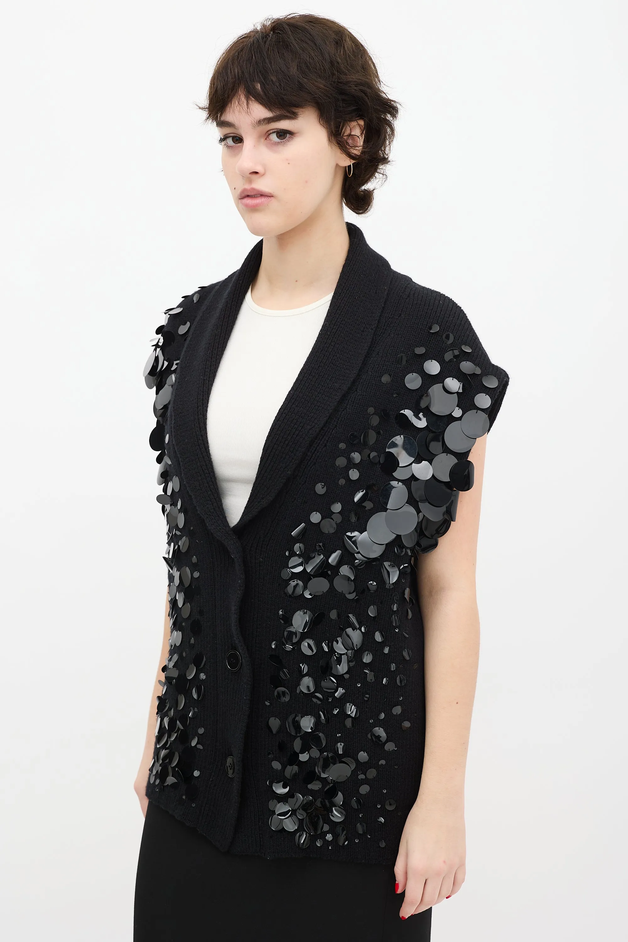 Black Knit Sequin Buttoned Vest