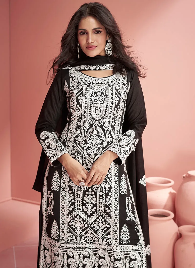 Black Thread Embroidery Traditional Palazzo Suit