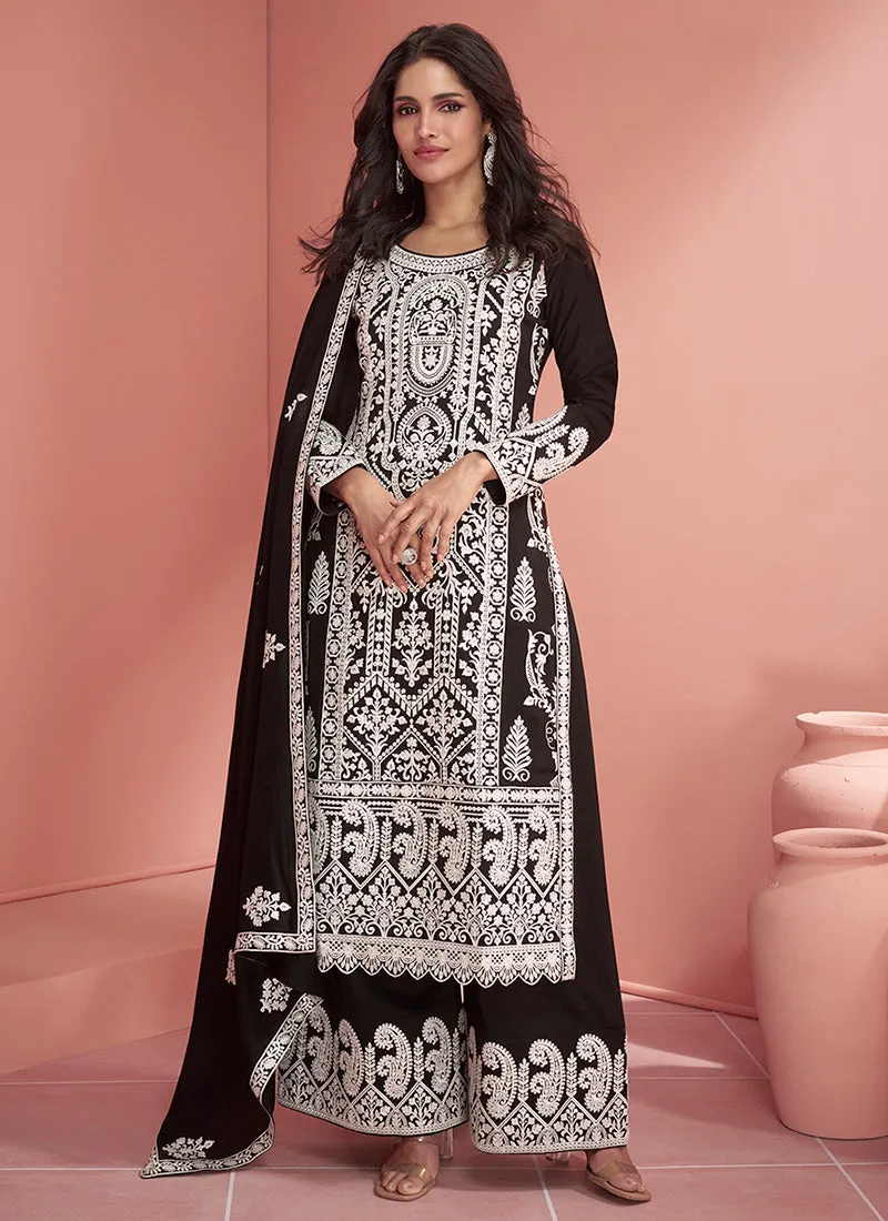 Black Thread Embroidery Traditional Palazzo Suit