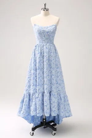 Blue Floral Strapless A-Line High Low Bridesmaid Dress