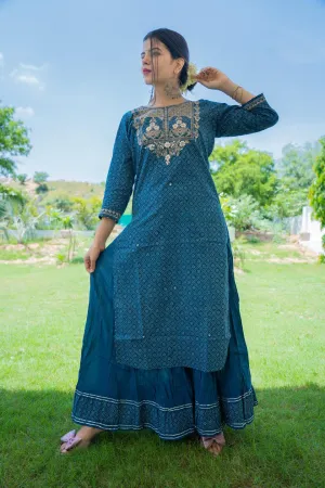 Blue Gold Printed Embroidery Kurta Sharara Set