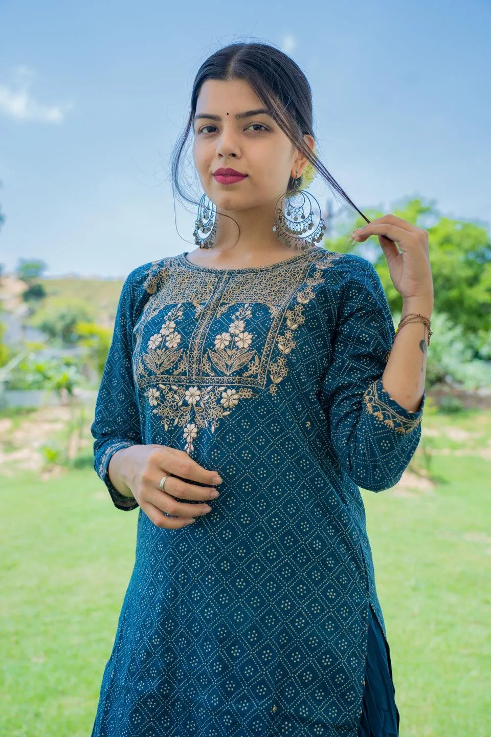 Blue Gold Printed Embroidery Kurta Sharara Set