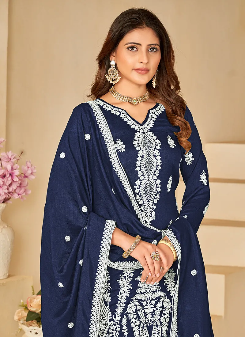 Blue Sequence Embroidery Traditional Palazzo Suit