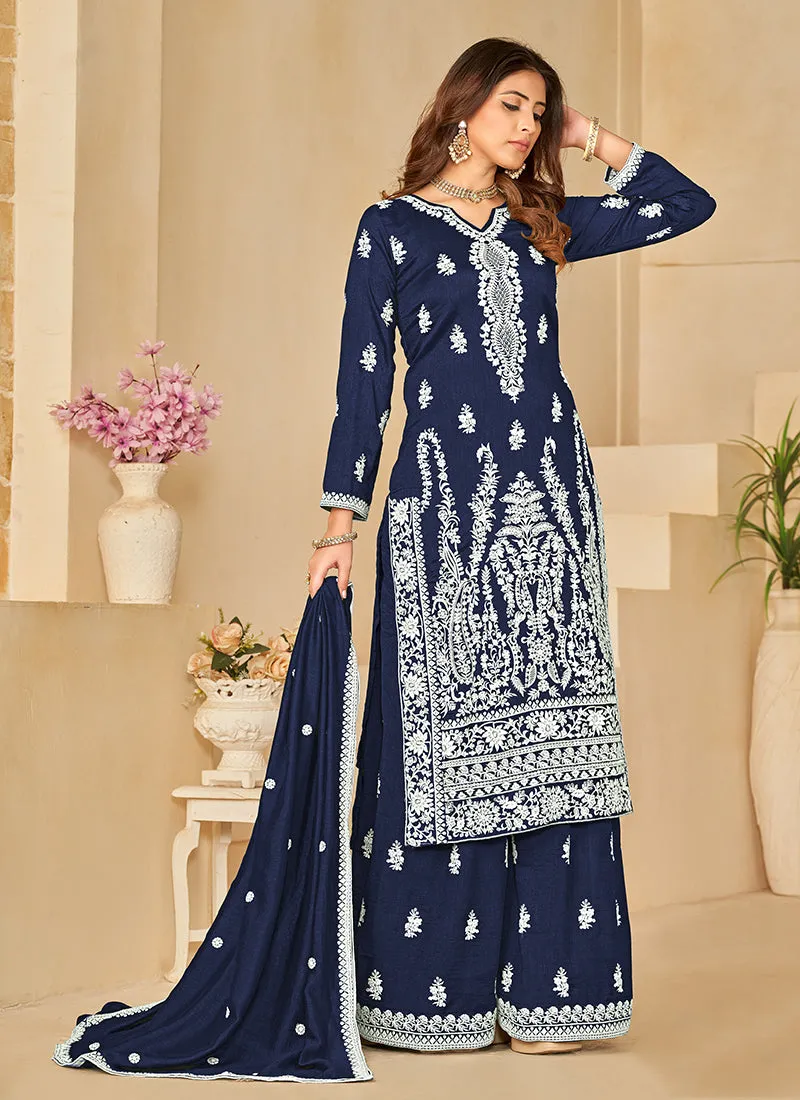 Blue Sequence Embroidery Traditional Palazzo Suit