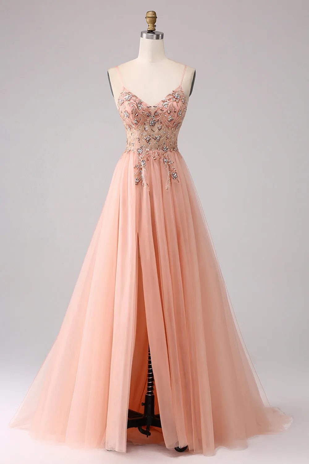 Blush A Line Tulle Spaghetti Straps Appliques Maxi Dress with Slit