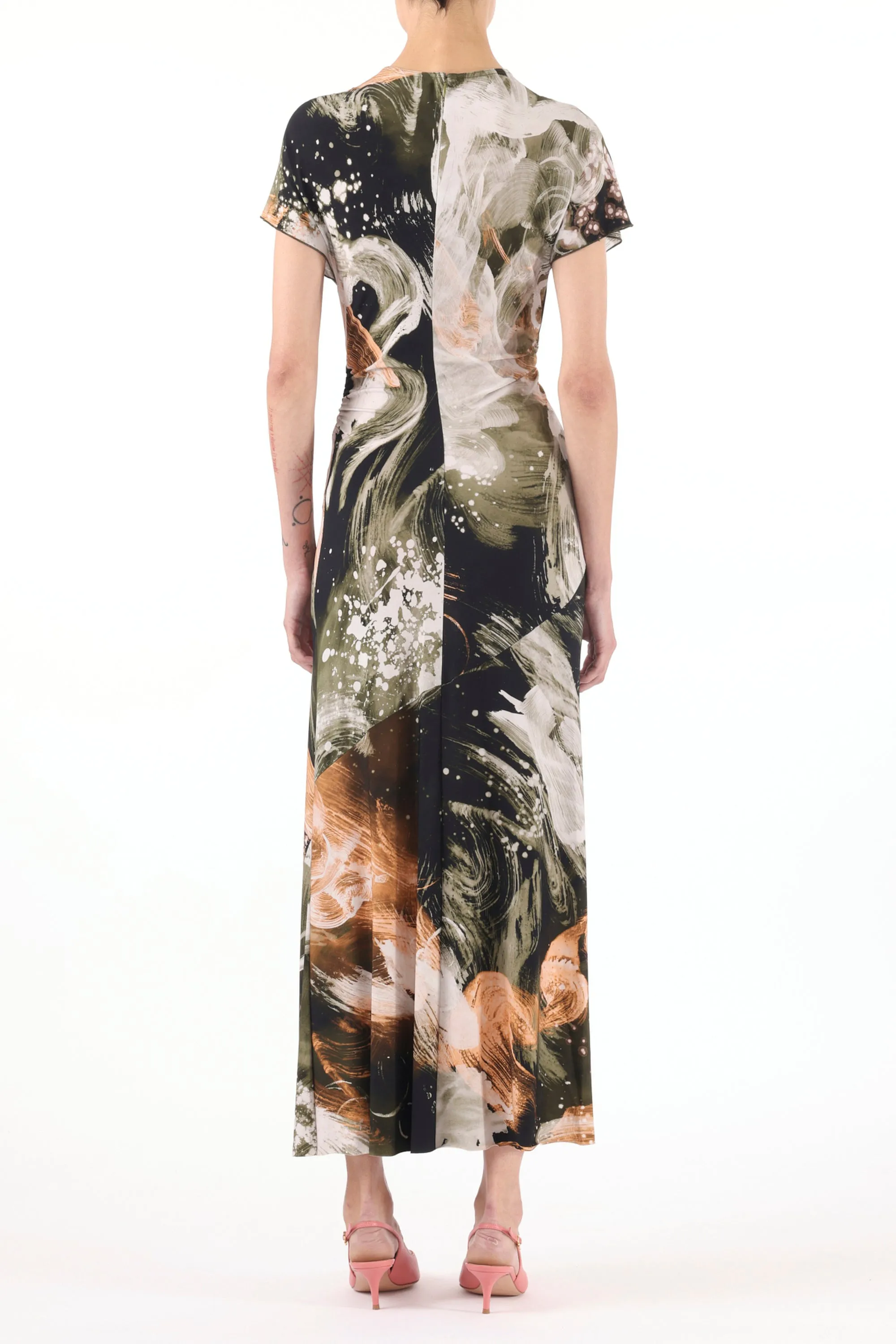 BRUSHSTROKE PRINTED JERSEY CAP SLEEVE MIDI DRESS