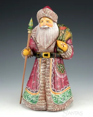 Burgundy Russian Santa with Toy Bag