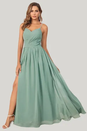 Chiffon A Line Spaghetti Straps Eucalyptus Maxi Dress with Slit