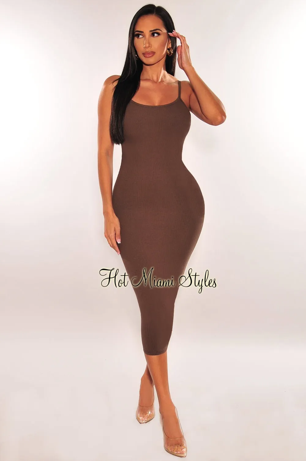 Chocolate Ribbed Knit Spaghetti Straps Scoop Back Midi Dress