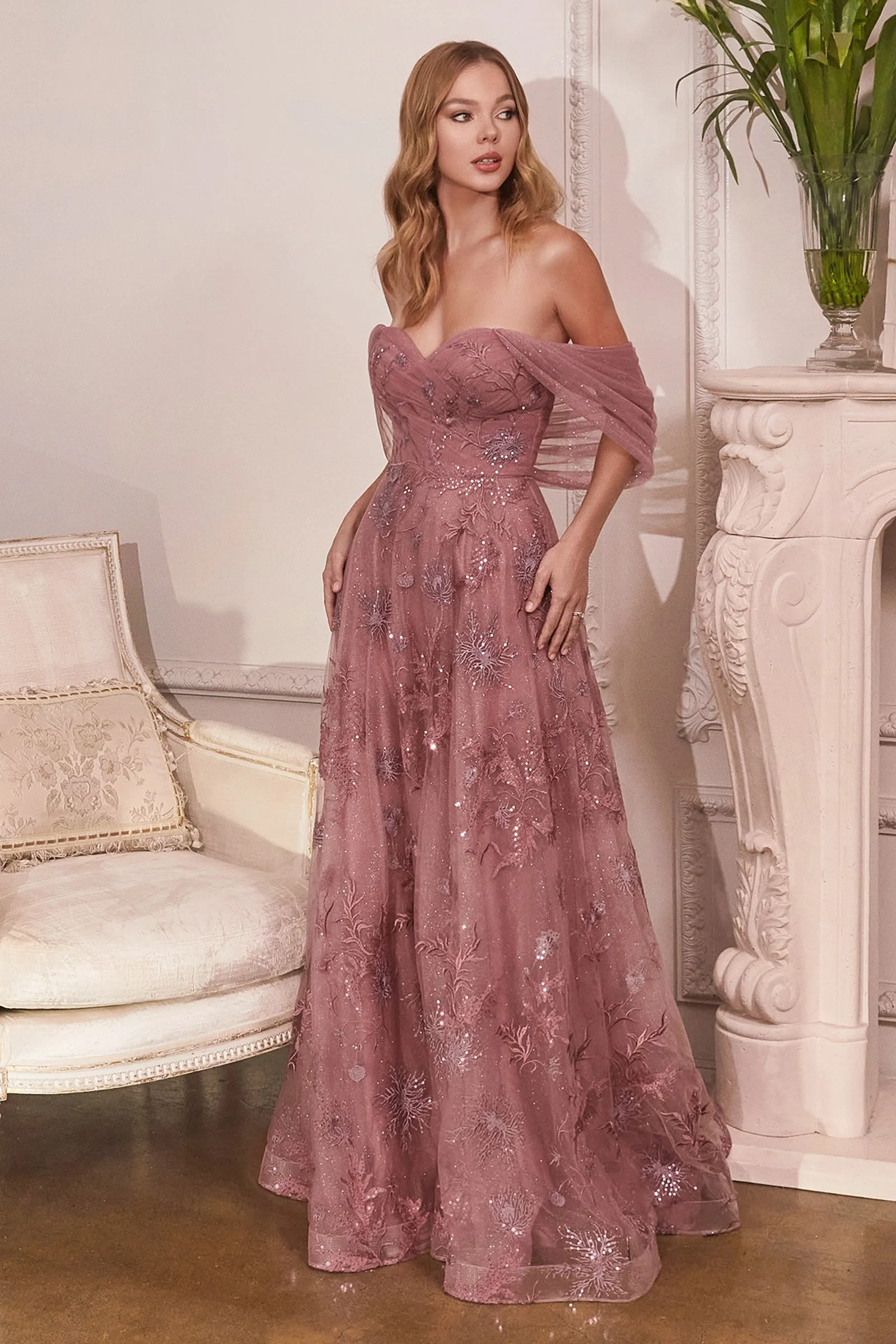 CINDERELLA DIVINE OC008 A-Line Off-Shoulder Tulle Gown with Draped Sleeves