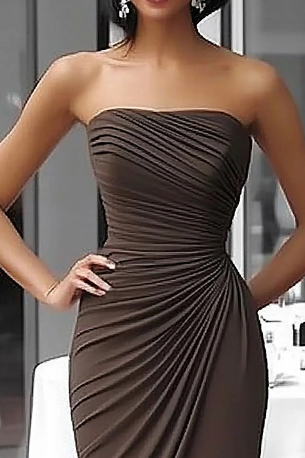 Coffee Strapless Sheath Ruched Gala Dress