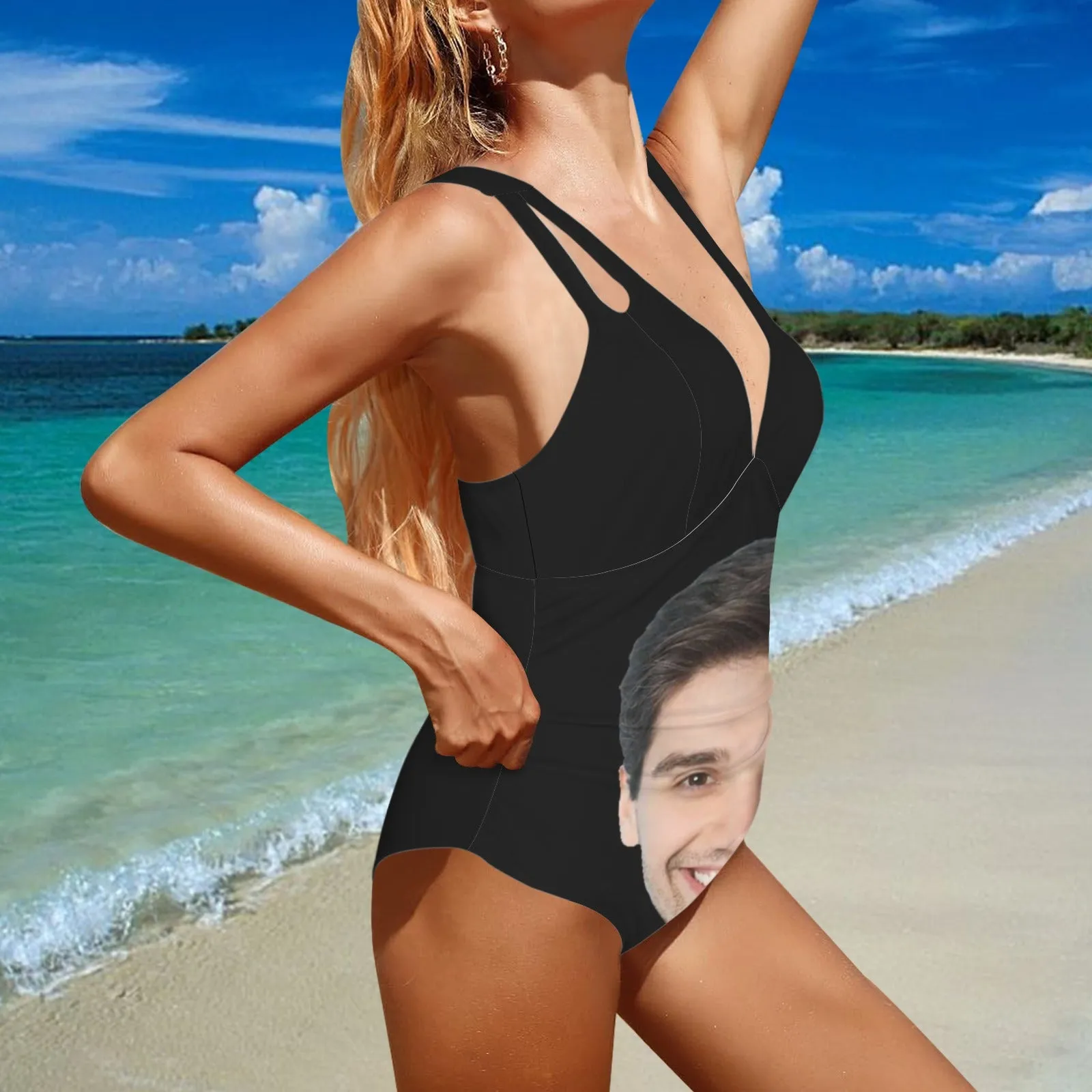 Custom Big Funny Face Women's Deep V Neck Cross Back Tie One Piece Swimsuit Custom Picture Bathing Suit