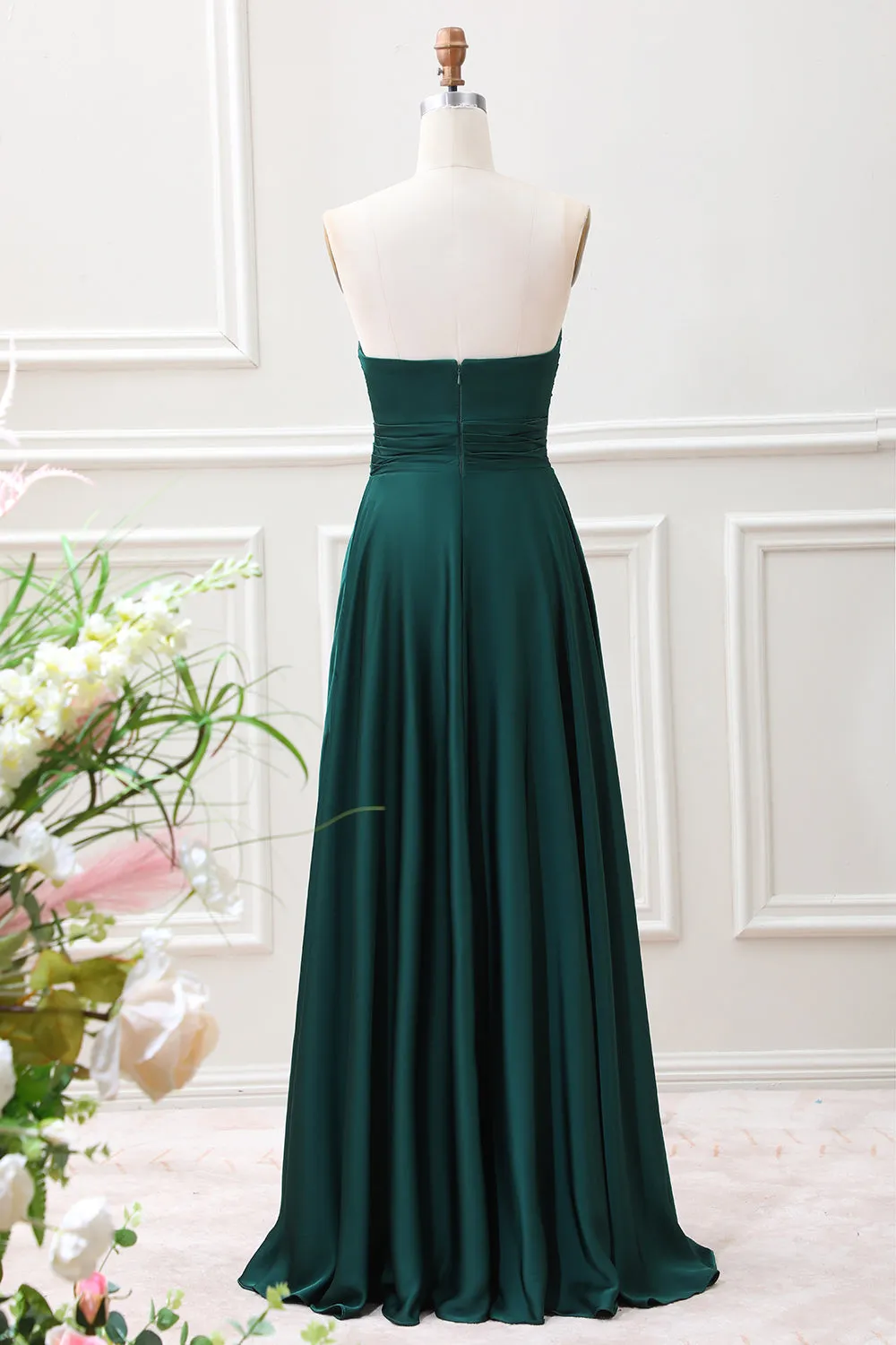 Dark Green A Line Sweetheart Keyhole Pleated Maxi Dress