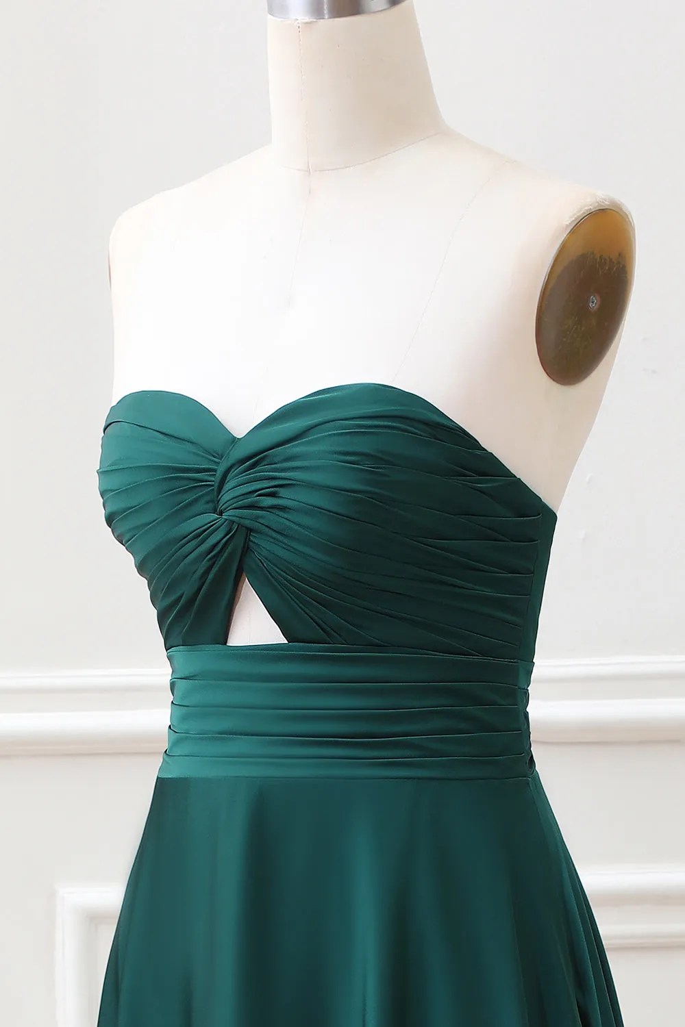 Dark Green A Line Sweetheart Keyhole Pleated Maxi Dress