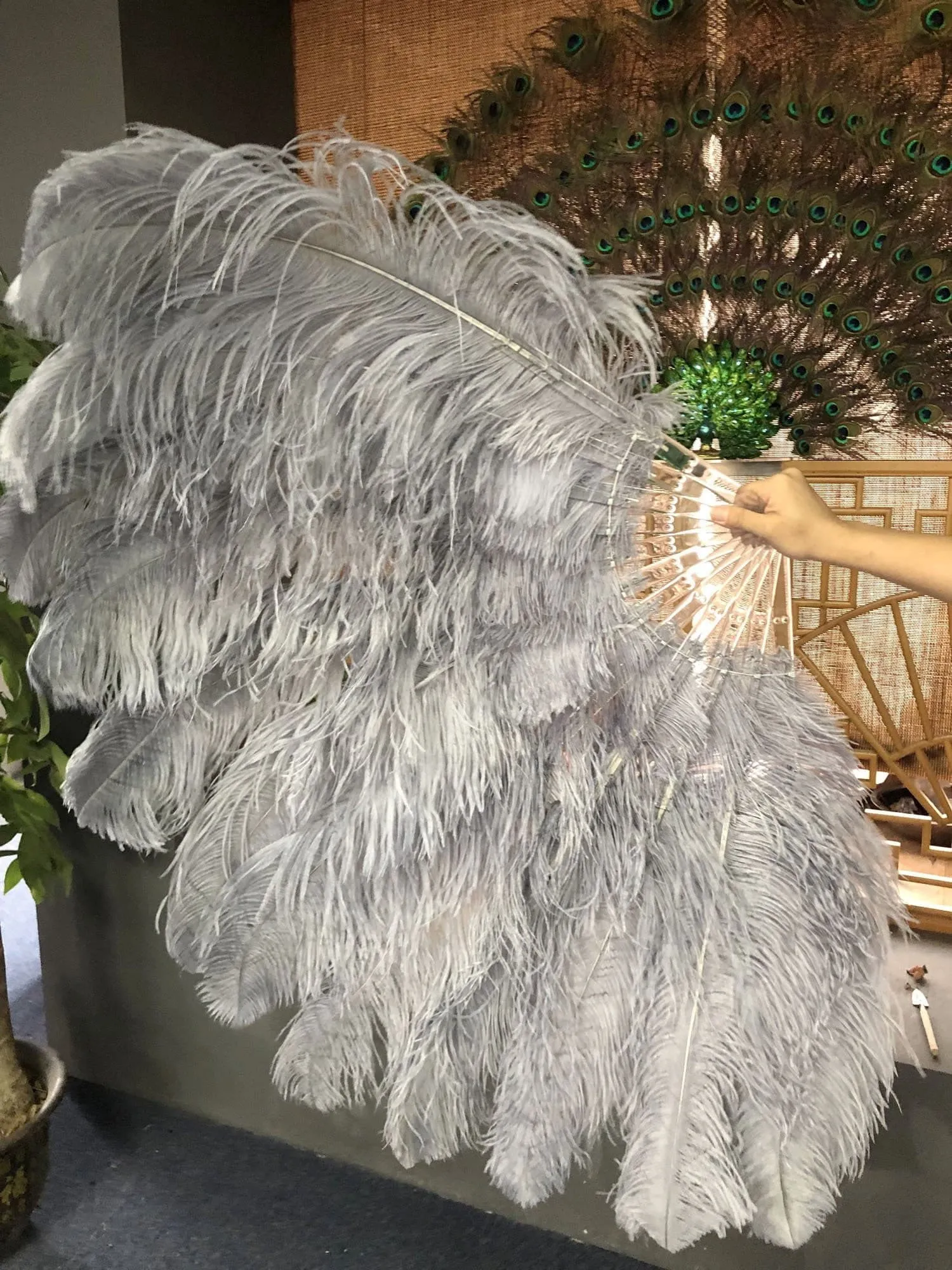 Dark grey intermediate 2 layers Ostrich Feather Fan 30"x 54"