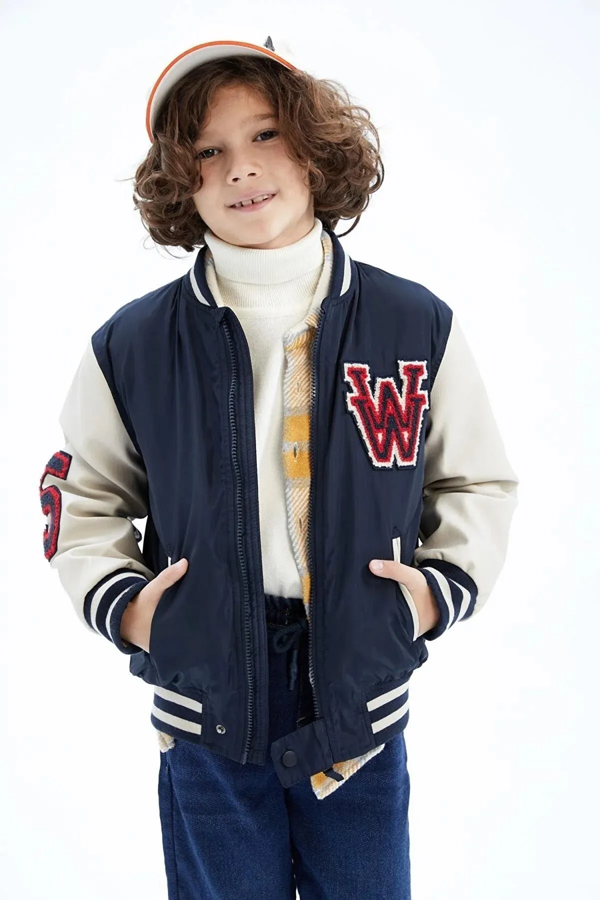 Defacto Boy's Navy Blue College Collar Bomber Coat