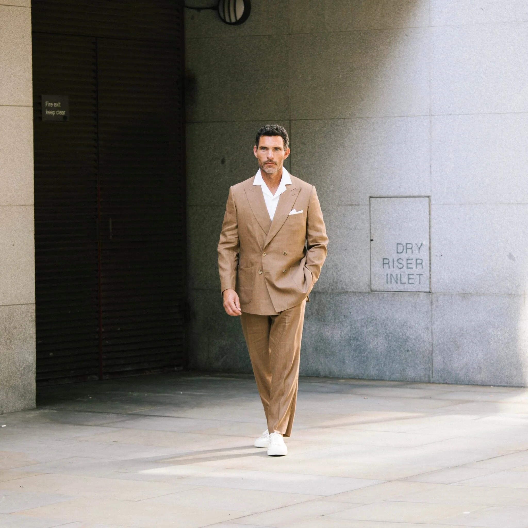 Double Breasted Peak Lapel Suit in Tobacco Wool, Silk and Linen