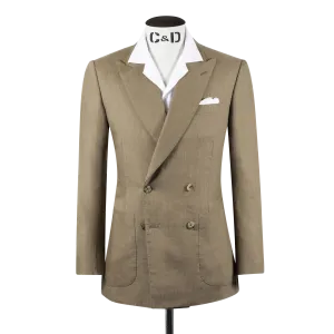 Double Breasted Peak Lapel Suit in Tobacco Wool, Silk and Linen