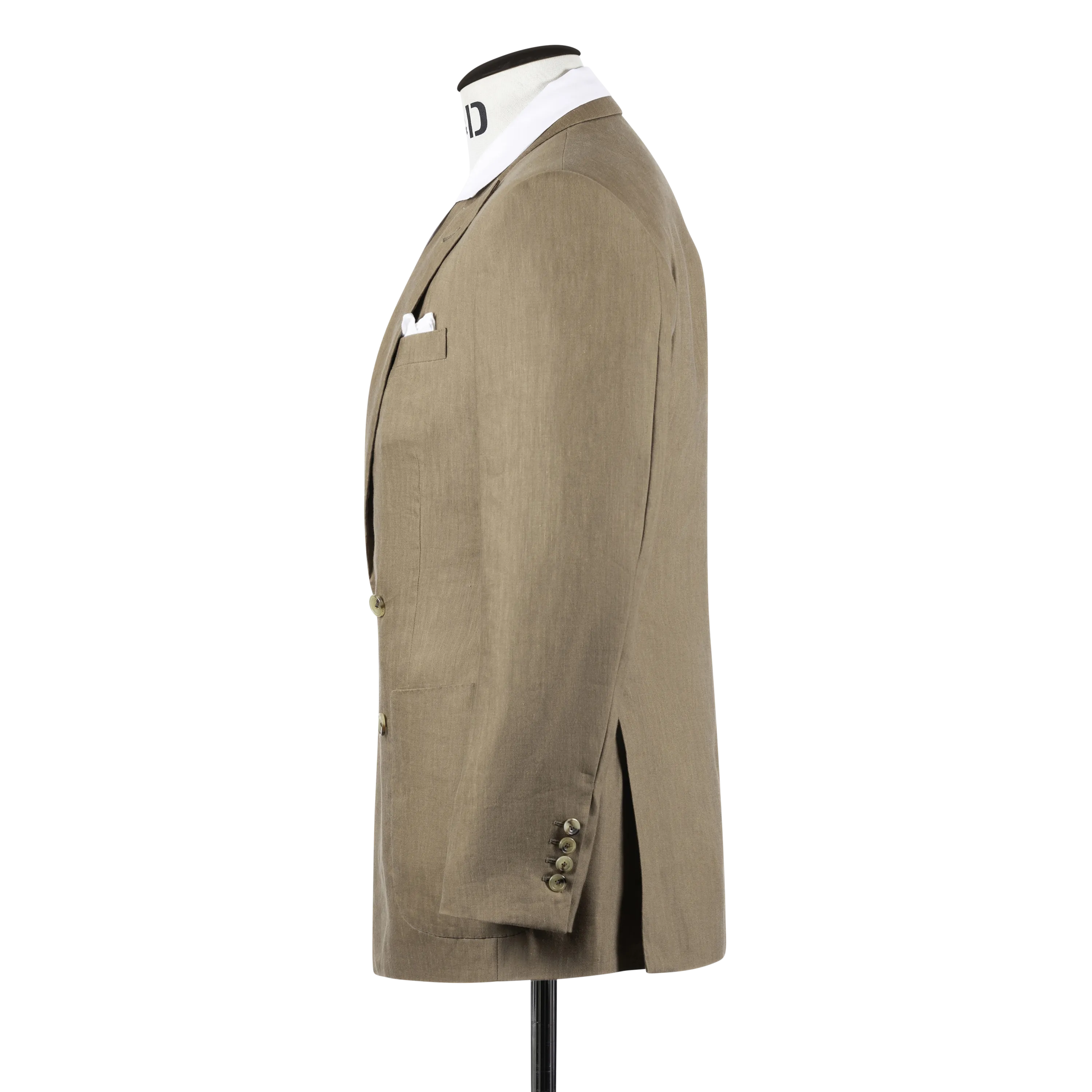 Double Breasted Peak Lapel Suit in Tobacco Wool, Silk and Linen