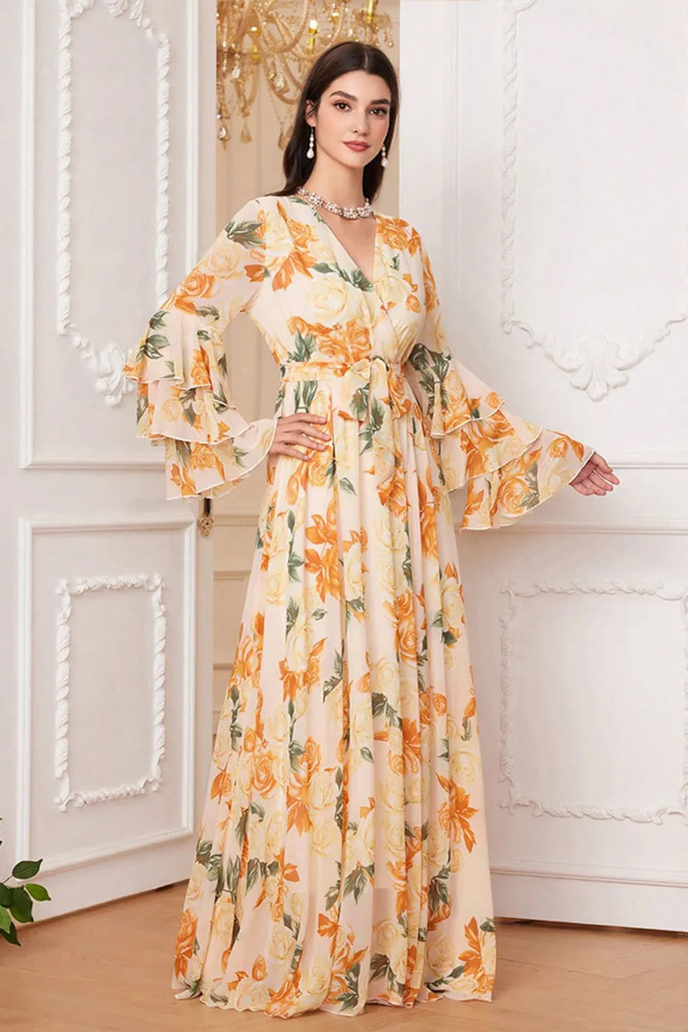 Floral Yellow A Line V Neck Bell Sleeve Maxi Dress with Slit