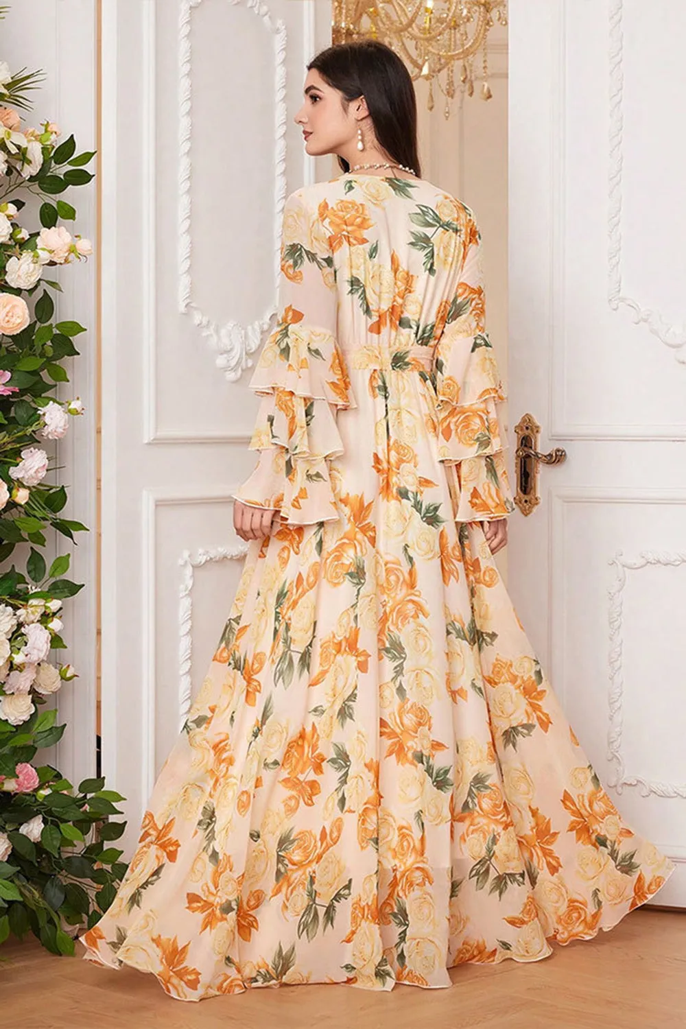 Floral Yellow A Line V Neck Bell Sleeve Maxi Dress with Slit