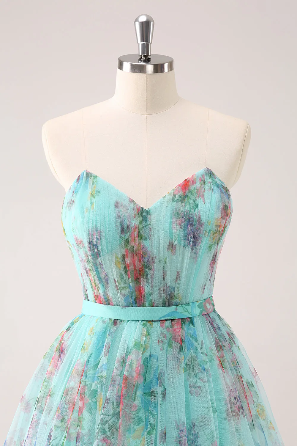 Fluffy Strapless A Line Green Floral Mini Dress