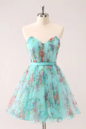 Fluffy Strapless A Line Green Floral Mini Dress