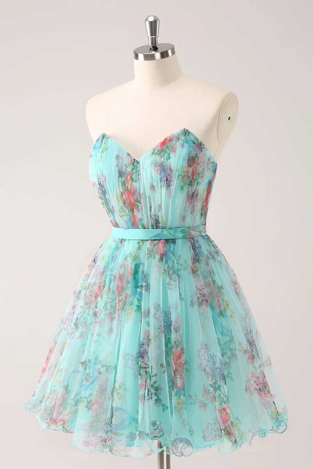 Fluffy Strapless A Line Green Floral Mini Dress