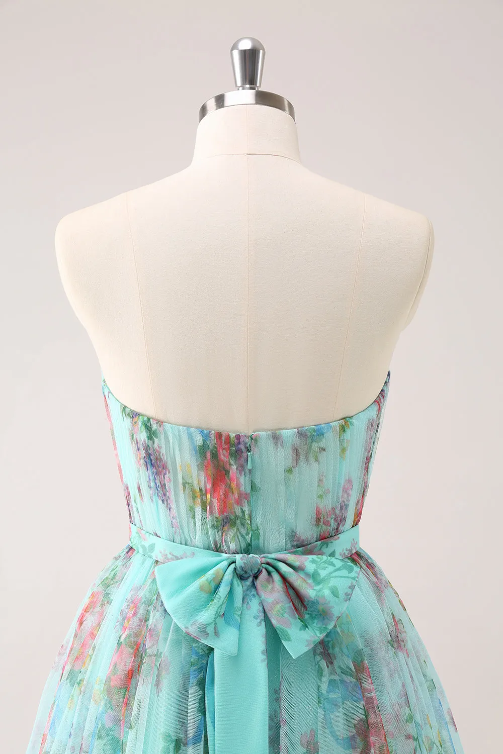 Fluffy Strapless A Line Green Floral Mini Dress