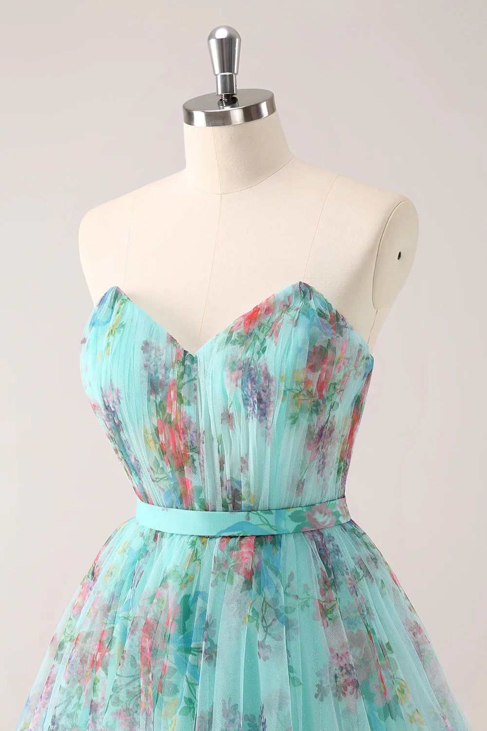 Fluffy Strapless A Line Green Floral Mini Dress