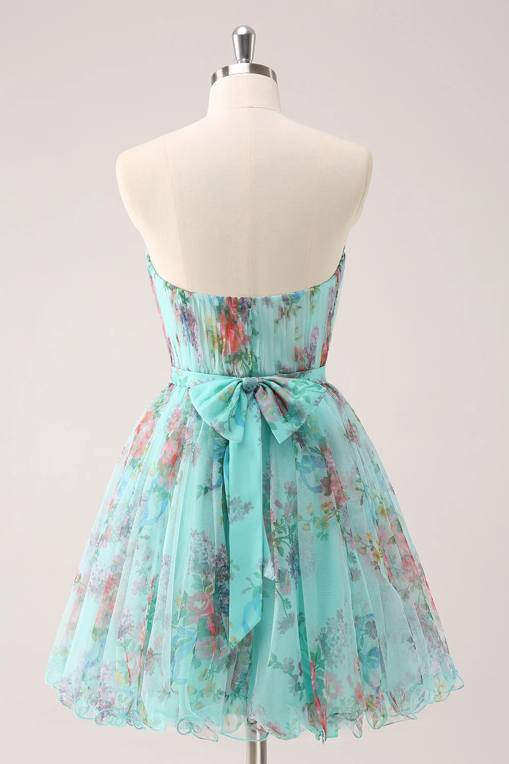 Fluffy Strapless A Line Green Floral Mini Dress