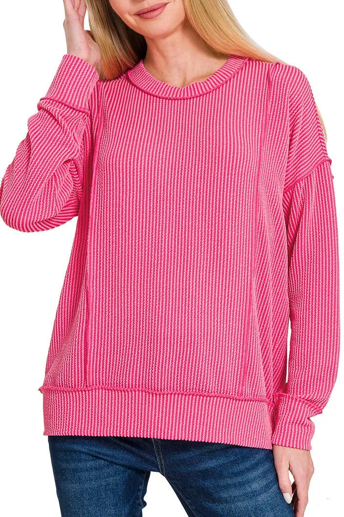 Fuchsia Corded Rib Long Sleeve Round Neck Pullover Top