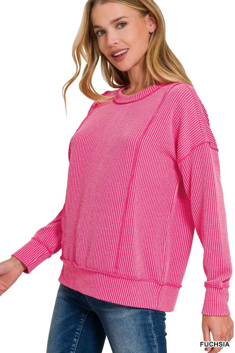 Fuchsia Corded Rib Long Sleeve Round Neck Pullover Top