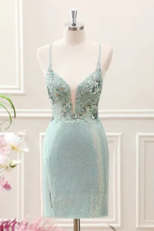 Glitter Dusty Green Tight Sequins V Neck Mini Dress