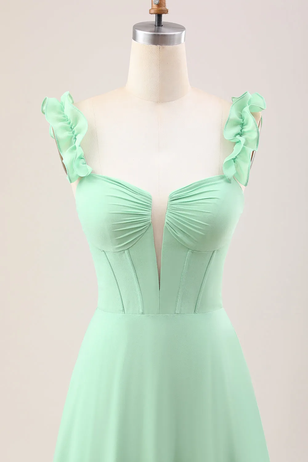 Green A Line Off The Shoulder Corset Maxi Dress With Ruffles