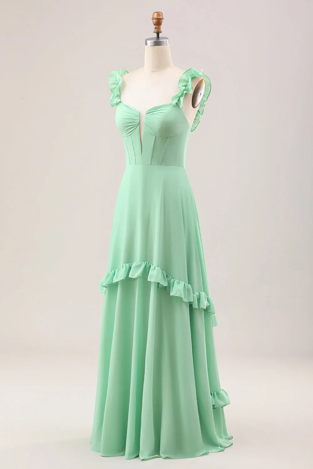 Green A Line Off The Shoulder Corset Maxi Dress With Ruffles