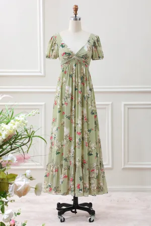 Green Flower A Line V Neck Tea Length Dress with Short Sleeves