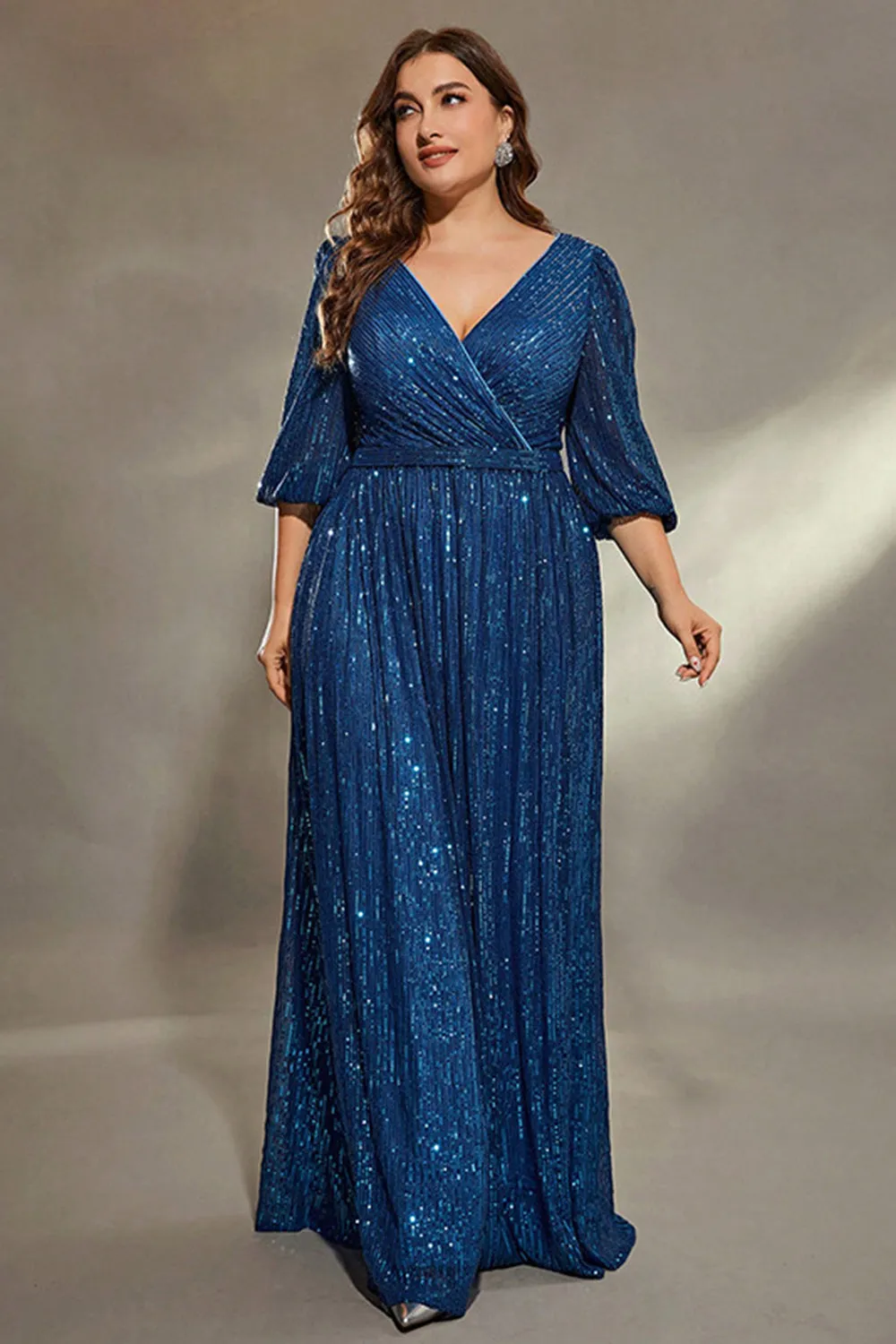 Ink Blue Plus Size Sequins A Line Maxi Dress with Sleeves