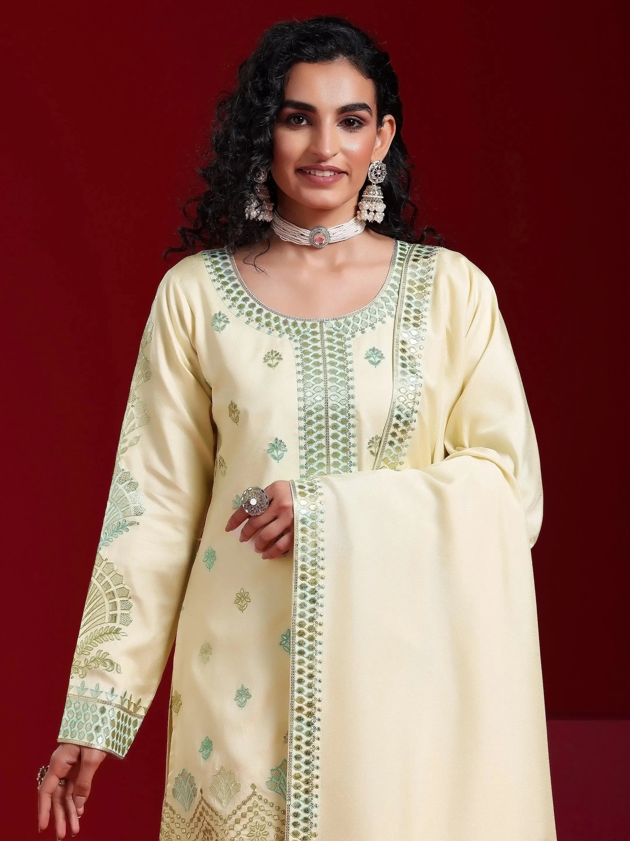 Jashvi Art Beige Embroidered Silk Blend Straight Suit With Dupatta