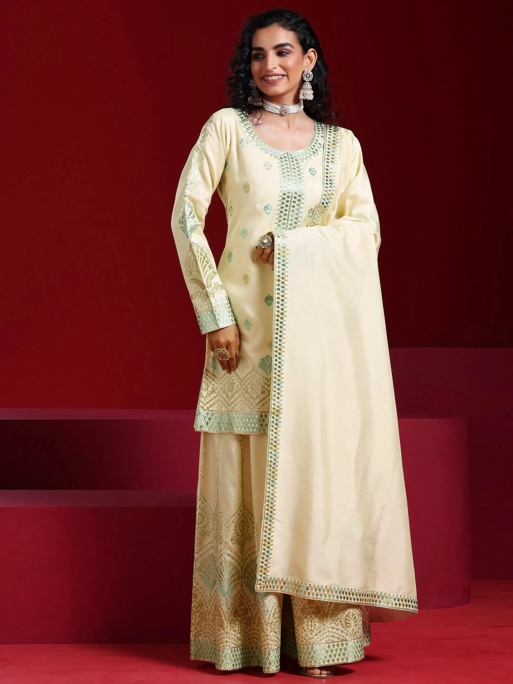 Jashvi Art Beige Embroidered Silk Blend Straight Suit With Dupatta