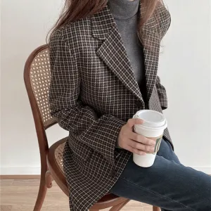 Joskaa New 2024 Plaid Pockets Formal Jackets Vintage Fashionable Office Lady Checkered Autumn Winter Women's Blazers Wild Tops JK2201