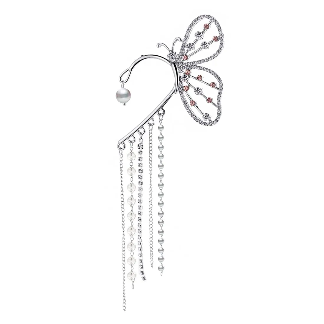 Kairangi Earrings For Women Elegant Silver Toned Big Butterfly Crystal Studded With Chain Fringes Earcuffs For Women and Girls