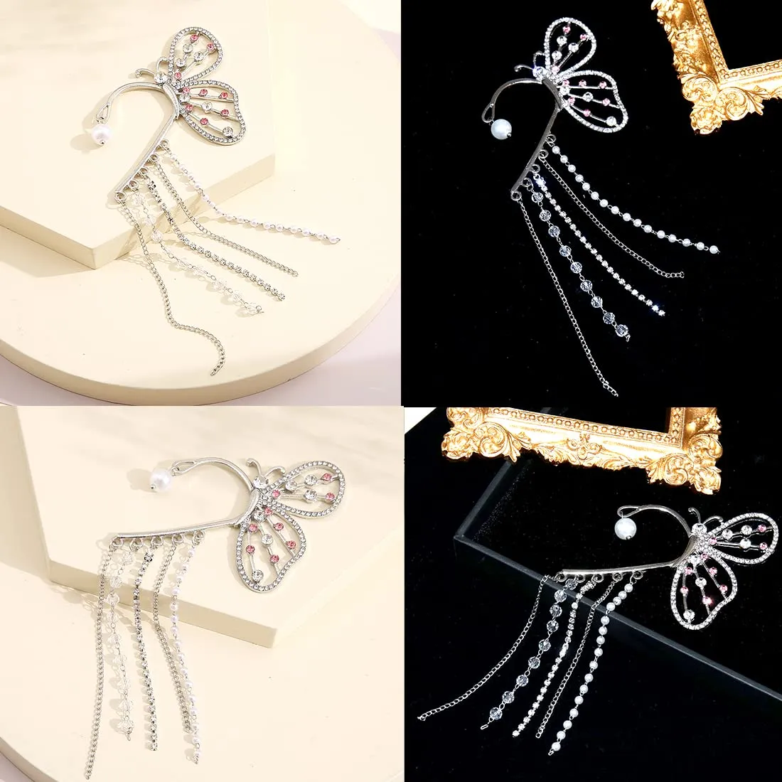 Kairangi Earrings For Women Elegant Silver Toned Big Butterfly Crystal Studded With Chain Fringes Earcuffs For Women and Girls