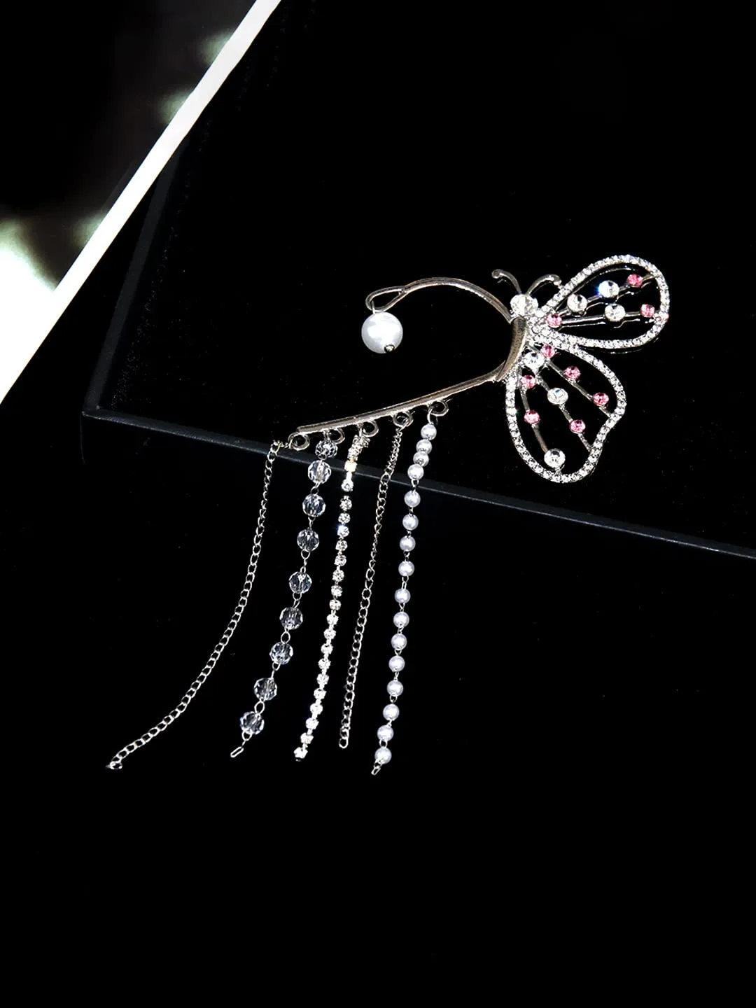 Kairangi Earrings For Women Elegant Silver Toned Big Butterfly Crystal Studded With Chain Fringes Earcuffs For Women and Girls